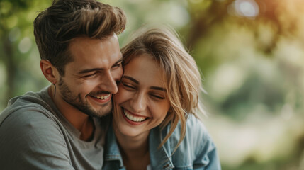 Fototapeta premium middle-aged couple is sharing a close, joyful moment, laughing and affectionately resting their heads together outdoors with a blurred green background.