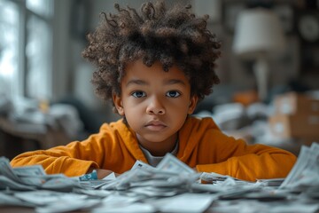 A young boy, dressed in a simple outfit, gazes intently at the stack of coins before him, contemplating the value of money and the weight it holds in his small hands - obrazy, fototapety, plakaty