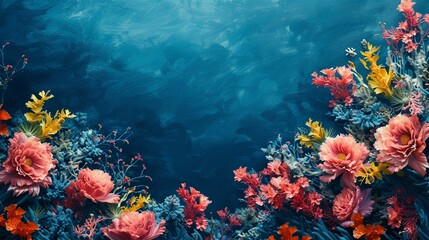 Fototapeta na wymiar An underwater-inspired floral scene with coral-like flowers in vibrant colors against a deep sea blue background. 