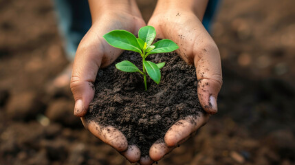pair of hands holds a small amount of soil with a young green plant growing from the center - obrazy, fototapety, plakaty