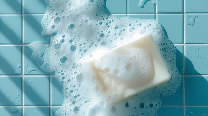 Top view photo of white soap lying on the bathroom floor with shampoo foam on blue tiles. Rectangular soap in the bathroom full of foam in conceptual art.