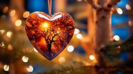heart-shaped pendant made of amber against a background of festive blurred lights  - obrazy, fototapety, plakaty