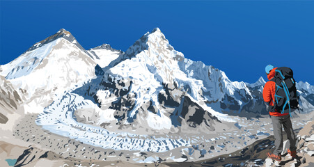 mount Everest Lhotse and Nuptse from Nepal side as seen from Pumori base camp with hiker, vector illustration, Mt Everest 8,848 m, Khumbu valley, Sagarmatha national park, Nepal Himalaya mountain - obrazy, fototapety, plakaty