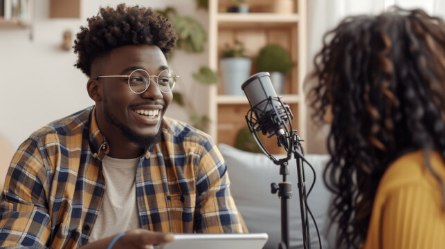 young person with glasses is smiling at a person holding a tablet, with a microphone in the foreground, suggesting an interview or podcast setting.