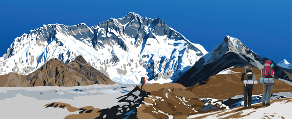 Mount Lhotse south rock face, glacier and three hikers, vector illustration, Khumbu valley, Everest area, Nepal himalayas mountains - obrazy, fototapety, plakaty