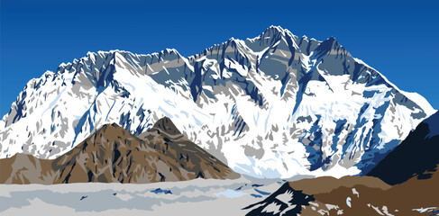 Mount Lhotse south rock face and glacier, vector illustration, Khumbu valley, Everest area, Nepal himalayas mountains - obrazy, fototapety, plakaty