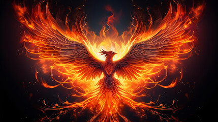 Phoenix bird with wings on fire. Mythological
