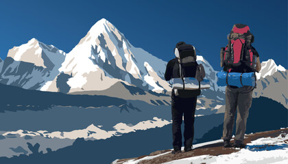 Khumbu glacier, Mount Pumori peak and two hikers on the way to Mt Everest base camp, vector illustration, Khumbu valley, Sagarmatha national park, Nepal Himalayas mountains