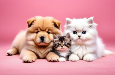 Fluffy chow chow cub and a cute Persian kitten lie in an embrace. Cat and dog together in front of white background. Animal themes