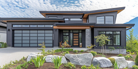 New modern style gray home built in Chilliwack British Columbia Canada showing custom exterior siding and rockwork front door details - obrazy, fototapety, plakaty