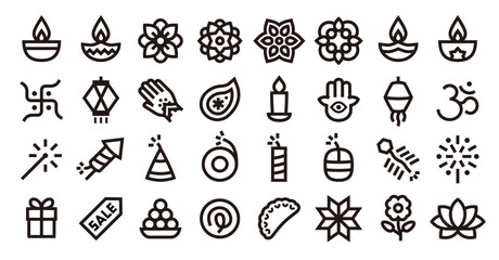 Diwali festival icon set (Sharp bold line verson)