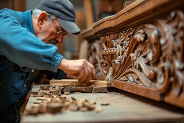 Carpenter restoring antique furniture with meticulous care, preserving history and craftsmanship through sustainable practices. - obrazy, fototapety, plakaty