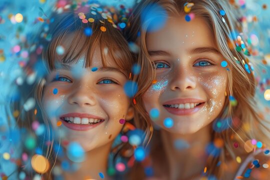 Two young girls beaming with joy as they showcase their playful personalities with glitter on their faces and confetti in the air