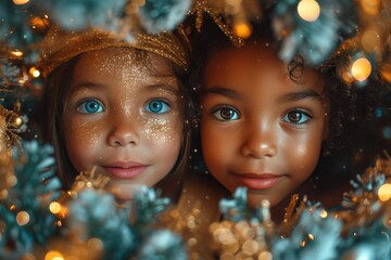 Two girls radiate holiday joy with glitter-kissed faces as they stand in front of a twinkling christmas tree, embodying the magic and innocence of the season through their playful poses and doll-like