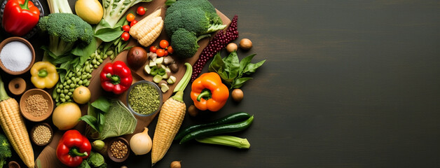 Wide view from above banner image of Vegetarian Day food banner with different types of vegetables and fruit items in a manner on black color wooden table mockup