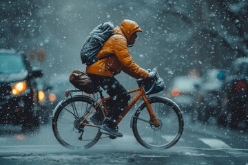 A determined man braves the winter weather, his bike gliding through the snowy landscape, a symbol of freedom and resilience