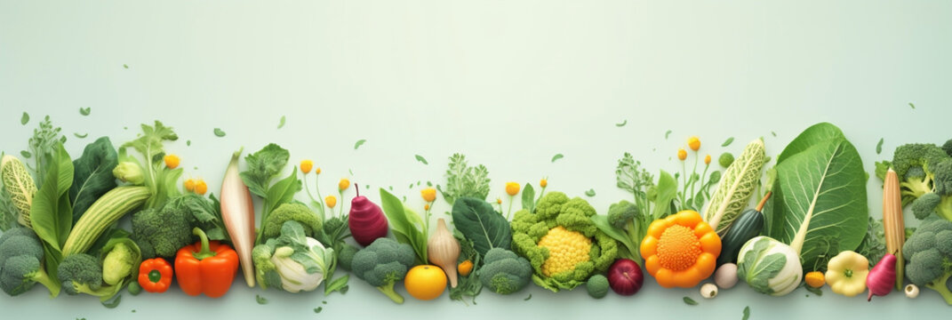 Wide view from above banner image of Vegetarian Day food banner with different types of vegetables and fruit items in a manner on sky background mockup