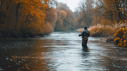 Fototapeta na wymiar Fly fisherman fishing for Atlantic Salmon on the Margaree River in the fall.
