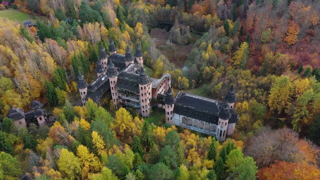 Castle in Lapalice, surrounded by Kashubian forests and lakes at autumn, Poland