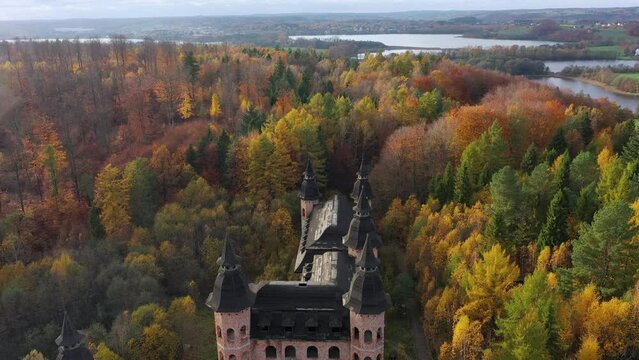 Castle in Lapalice, surrounded by Kashubian forests and lakes at autumn, Poland