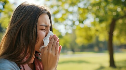 Woman with pollen allergy sneezes into handkerchief in a spring park - obrazy, fototapety, plakaty