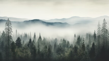 Vintage background with foggy forest, dark trees and mountains.