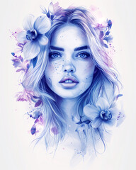 Fashionable image for printing on clothes. Portrait of a young girl with blond hair, orchids, on a white background.