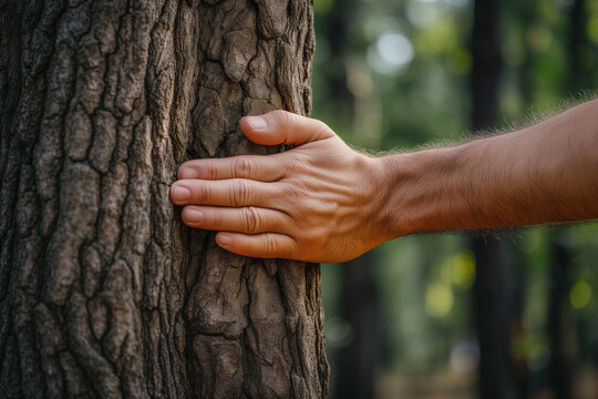 Close up of a man's hand gently touching the trunk of a tree. Earth Day and environmental care. ecosystem and healthy environment concept