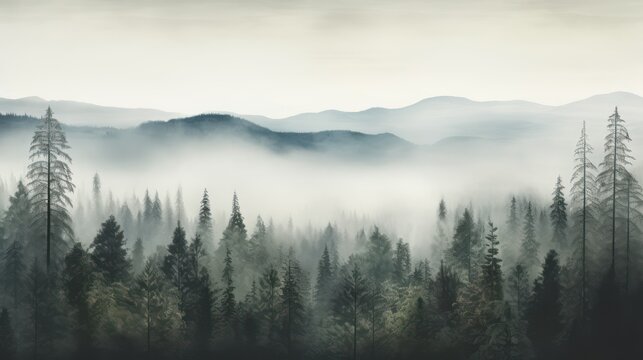 Vintage background with foggy forest, dark trees and mountains. © Dzmitry