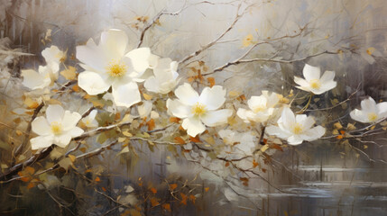 White Flowers in the Snow , Oil Painting