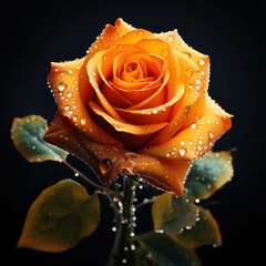 Close-up of a orange rose blossom with water droplets on it isolated on a black background background