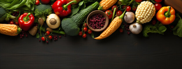 Wide view from above banner image of Vegetarian Day food banner with different types of vegetables and fruit items in a manner on black color wooden table mockup