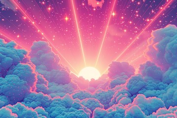 A digital artwork that radiates with pastel rays, dotted with cartoon-style clouds and stars, set against a background filled with geometric and polka-dot.