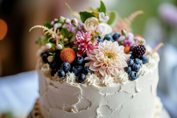 Elegant Floral and Berry Topped Cake