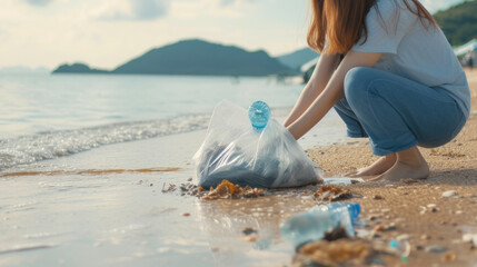 Volunteer Cleaning Beach Pollution at Sunset - obrazy, fototapety, plakaty