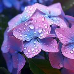 Hydrangea flower isolated blooming with water droplets on it and a black background.
