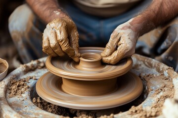 Master potter shaping clay on a wheel, infusing tradition with contemporary design in each unique piece.