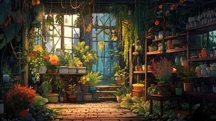 lofi plant garden, anime style
 - obrazy, fototapety, plakaty