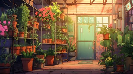 Fototapeta na wymiar lofi plant garden, anime style 