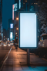 Blank white empty screen board frame billboard sign on the city street at night for ad advertising with copy space for text on the city street, outdoor business announcement promotion concept