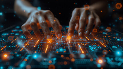 hands interacting with a digital interface showing financial or analytical data. There are graphs, numbers, and what appears to be stock market information overlaid on the image, with a dynamic, upwar