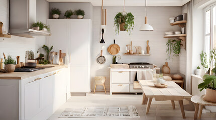 Interior of a kitchen. Modern interier design Scandi-Boho style kitchen.