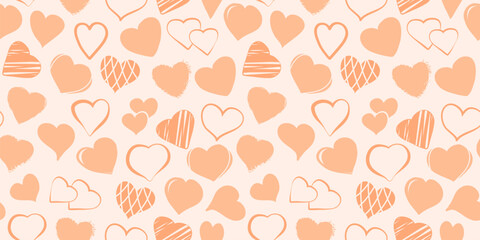 Heart hand drawn seamless pattern, love peach doodle background for Valentines Day. Cute holiday vector illustration