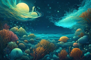 Fototapeta na wymiar Abstract underwater world with bioluminescent waves