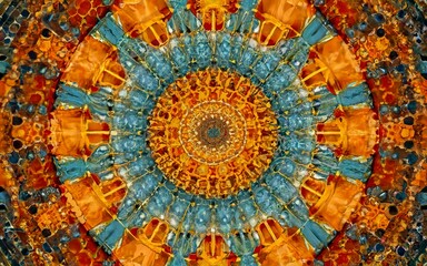 abstract background with geometric shapes in orange, blue and yellow colors