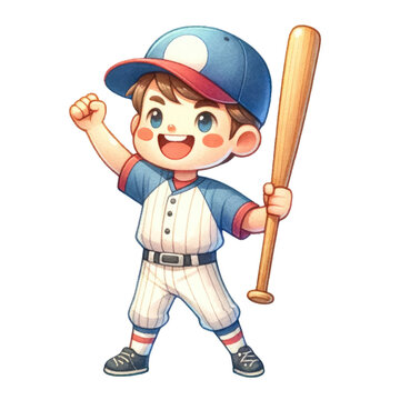 Watercolor cute baseball player holding a baseball bat and celebrating. Baseball competition. Baseball element clipart.