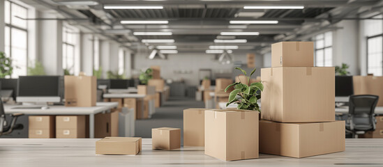 Big open plan office space with office furniture Packing cardboard mockup boxes and cartons at the foreground. Moving in or out and relocation services. Closing down or opening business. Delivery - Powered by Adobe