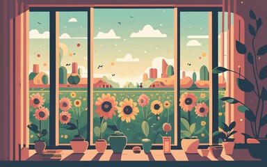 Colorful flower meadow in spring, Illustration of the modern light apartment with big window