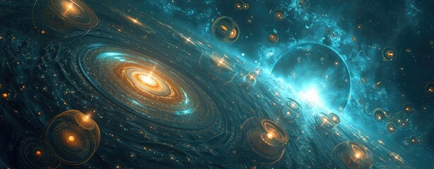 An awe-inspiring illustration capturing the beauty of a spiral galaxy or nebula adorned with countless stars, showcasing the vastness and wonder of the universe. - obrazy, fototapety, plakaty