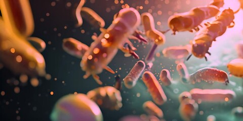 Microbes in colorful lighting, floating in space. Microbiology and science concept.